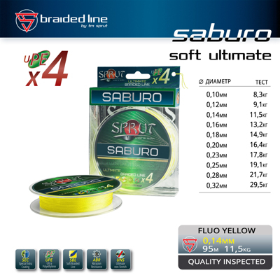 Шнур SABURO 95m/0,14mm/11,5kg (Fluo Yellow)